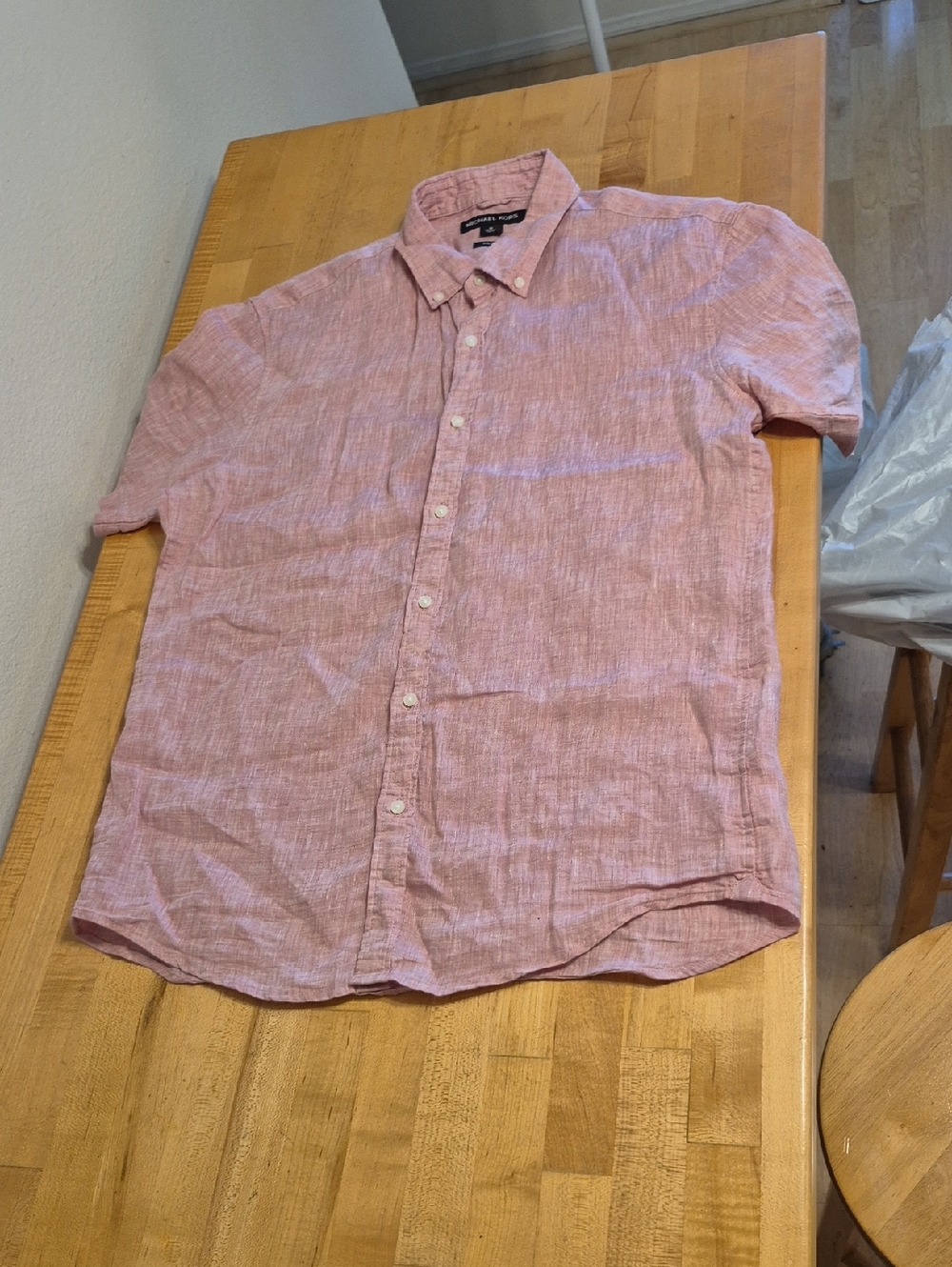 Michael Kors Pink 100% Linene Short Sleeve Button Down Shirt Slim Fit